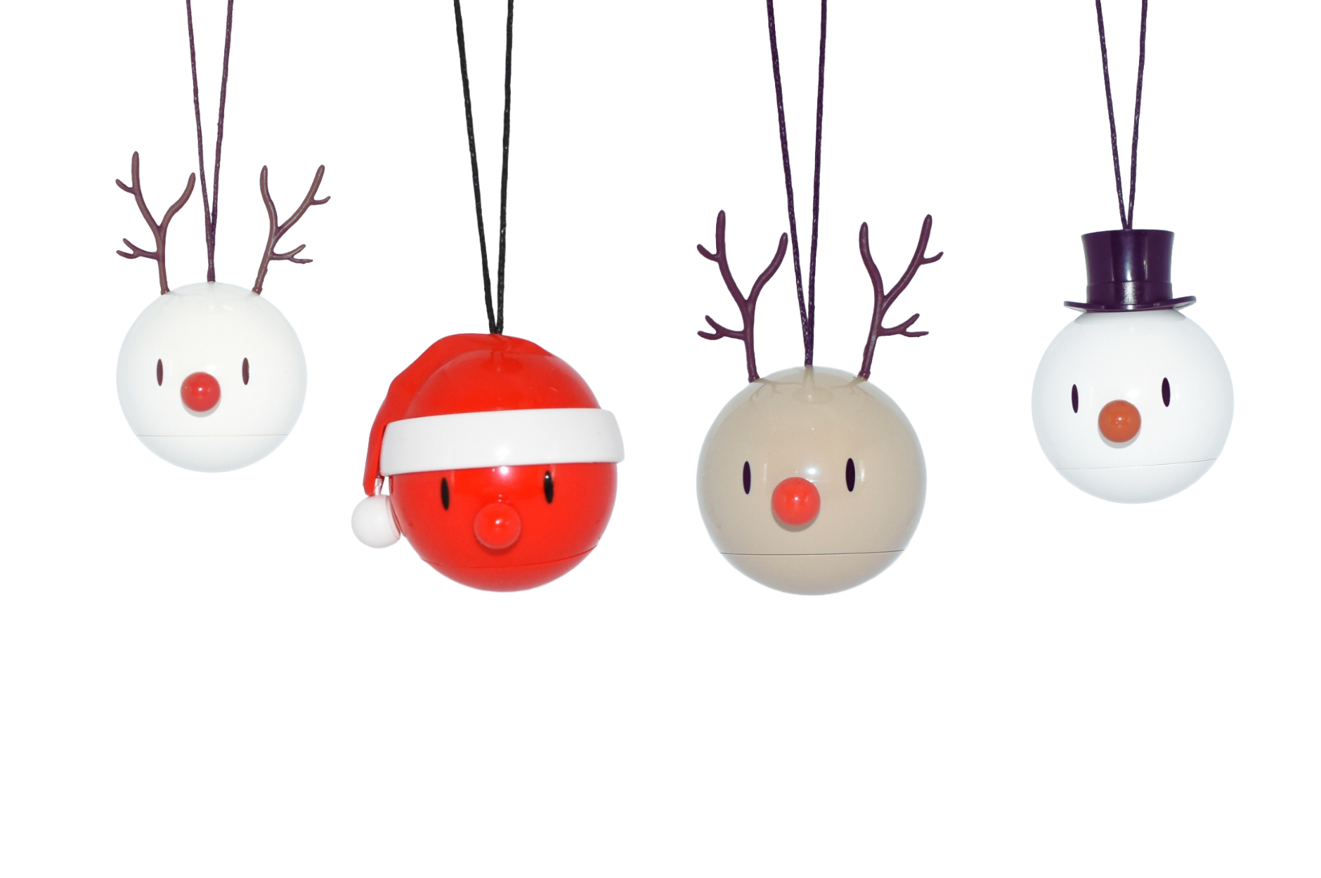 Four Christmas-themed Hoptimist ornaments with different designs on a white background - reindeer, santa, rudolph, snowman